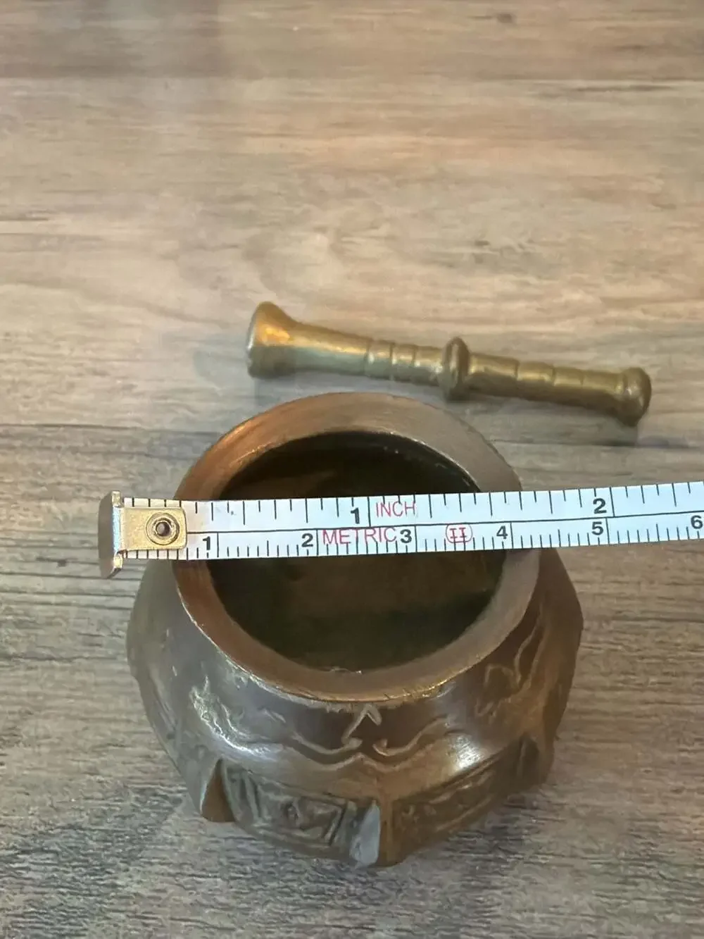 Vintage Small Handcrafted Brass Mortar and Pestle with Engraved Motifs
